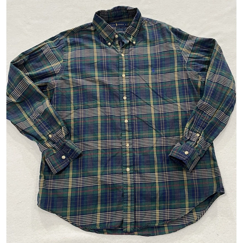 Ralph Lauren Mens Large Green Plaid Button Down Shirt Pony Preppy Office Casual